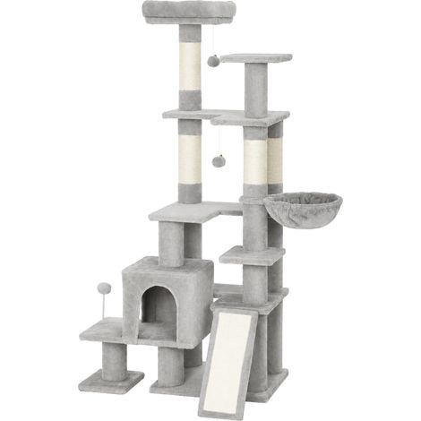 PawHut Albero Tiragraffi per Gatti Multilivello 152 cm con 4 Pali, Grigio Chiaro (1/5)