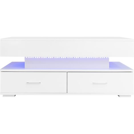 Table basse hydraulique blanche 100x50x44 cm avec LED, Bluetooth, 2 tiroirs et rangement ouvert (1/5)
