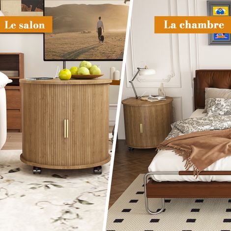 Table de nuit cylindrique vintage avec station de charge (prise + 2 USB), porte inclinée et rangement, sur roulettes pour chambre et salon, finition chêne, dimensions 60x60x60 cm (1/5)