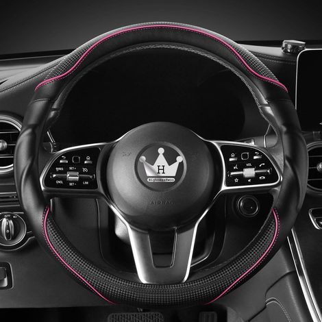 Housse de volant 3D pour voiture, antidérapante, confort, cuir carbone, 37-38cm, noir et rose (1/5)