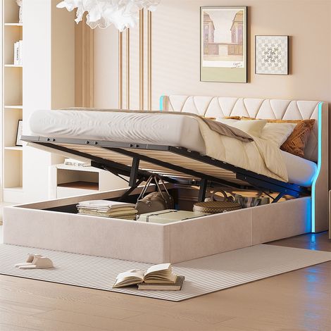 Cama de 160x200 cm con almacenamiento - iluminación LED - amplio espacio de almacenamiento - somier de láminas - terciopelo - apta para adultos y niños - Beige
