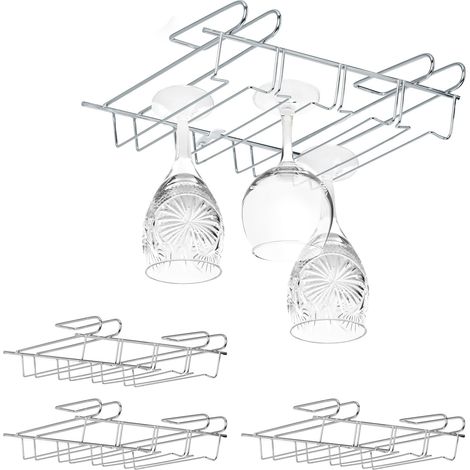 Relaxdays Stemware Rack, 4x Set, Bar Glass Holder, 12 Pieces Each, Bar, Kitchen Storage, Pub, 8.5 x 34.5 x 26 cm, Silver