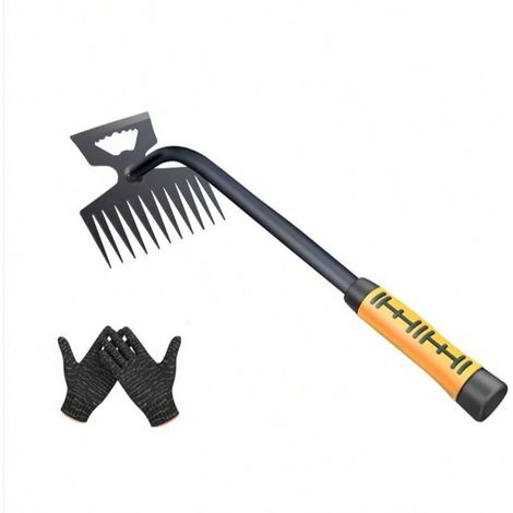 Désherbeur Manuel, 11 Dents Rateau de Désherbag, Râteau de Jardin en Acier Inoxydable Outil de Désherbage,avec gants
