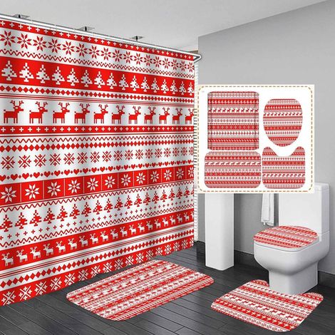 Rideau De Douche - Tapis De Bain Anti-dérapant - Housse De Couvercle De WC - Ensemble De Décoration De Salle De Bain Pour Noël - 4 Pièces (1/5)