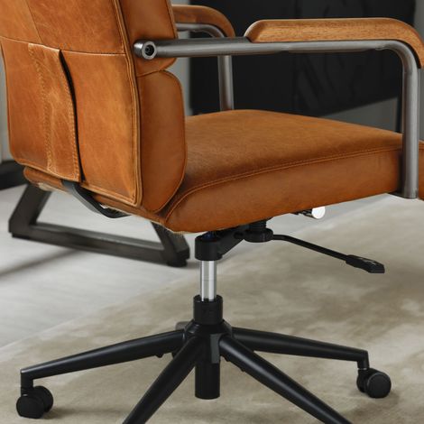 Chaise de bureau ergonomique en cuir avec roulettes et accoudoirs en chêne, fauteuil roulant réglable en hauteur avec fonction pivotante pour cadres. (1/4)