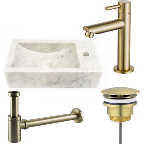 FugaFlow Eccelente Arredo Pack Lave-mains - 22x40x10cmcm - 1 trou de robinet - droite - marbre - robinet Laiton brossé - Blanc