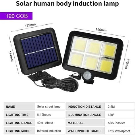 (Lot de 2 - 120COB) Lampe solaire murale à détecteur de mouvement, 3 modes, étanche, pour jardin et éclairage public. (1/5)