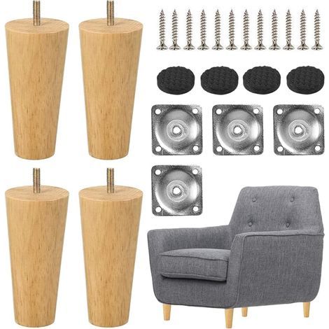 AIDUCHO Pieds De Table En Bois De 8 Cm Lot De 4 Pieds De Meubles En Bois Massif Coniques Pieds De Meubles De Rechange Avec Plaques De Montage Et Vis Pour Canapé-Lit Armoire Canapé Chaise (Vertical) (1/5)