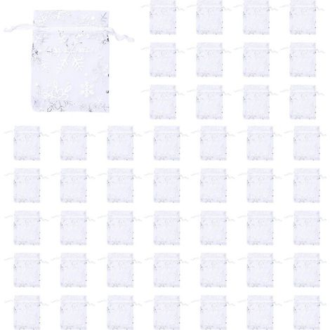 500 bolsitas de organza con cordón para regalos de boda, ideales para joyería, con estampado de copos de nieve en blanco y plateado. Bolsas transparentes para recuerdos de fiesta.