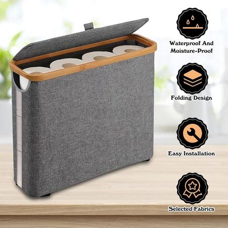 Boîte de rangement avec couvercle, panier à papier toilette transparent et pliable, organisateur de salle de bain, pouvant contenir 12 rouleaux, gris