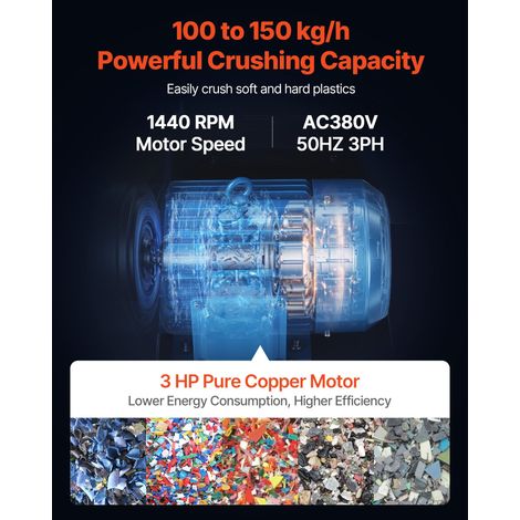Broyeur de Plastique, 2,2 kW, Machine de Broyage de Plastique, Capacité 100 à 150 kg/h, 380 V, 50 Hz, Triphasé, avec Roues, Lame SD… (1/5)