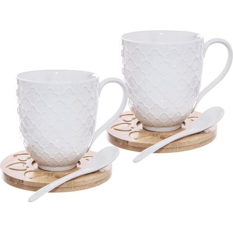 Juego de 2 tazas de porcelana, posavasos de bambú y cucharas para café y té. (1/5)