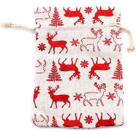 Leinenbeutel, 10er-Set, Jutebeutel mit Kordelzug, bedruckt mit einem Elchmotiv, Weihnachtsgeschenktüten, hängende Geschenktüten, Schneeflocke, rot, 10 × 14 cm