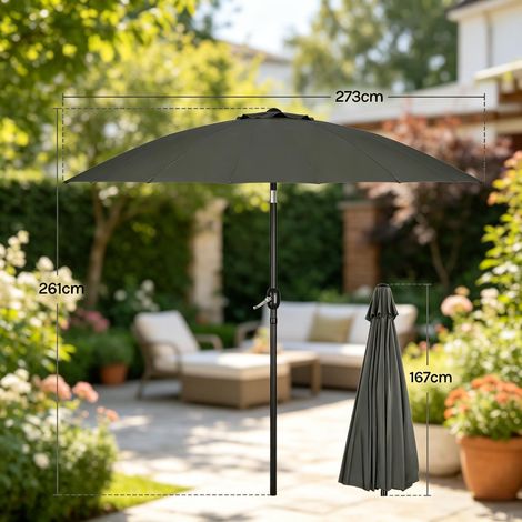 Parasol droit 2,73m gris aluminium Ø38mm – Polyester 180g/m² imperméable – 18 baleines fibre de verre – Manivelle inclinable, Parasol seul (1/5)