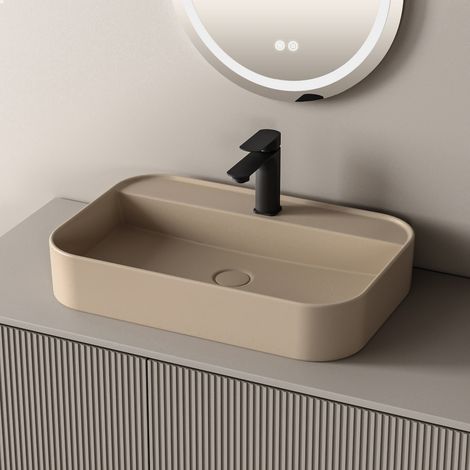 EMKE Vasque à Poser en céramique, Lavabo rectangulaire en céramique Arc, Beige mat - 600 x 400 x 110 mm