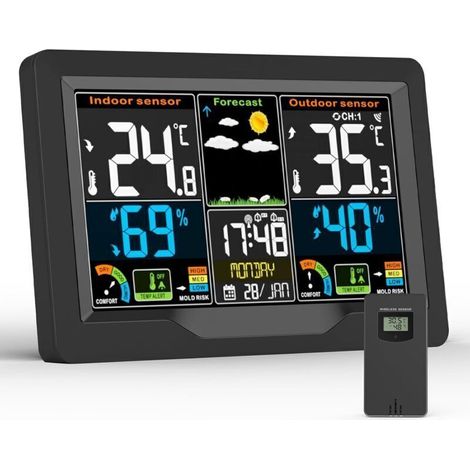Station Meteo, Station Meteo Interieur Exterieur sans Fil avec Capteur Extérieur, Écran LCD Couleur Numérique, Thermomètre Hygromètre Baromètre des Phases de Lune, PréVision de la TempéRature Météo
