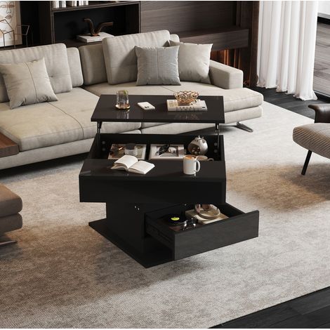 Mesa baja elevable 70x70x45 cm, cubierta giratoria, mesa baja elevable con 1 cajón, almacenamiento oculto, negro (1/5)