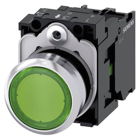Siemens 3SU11520AB401BA0 3SU1152-0AB40-1BA0 Bouton-poussoir lumineux à rappel collerette métal, finition brillante, act (1/3)