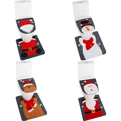 Set de 4 housses décoratives pour abattant de WC de Noël – bonhomme de neige, Père Noël, élan et vieil homme sans visage
