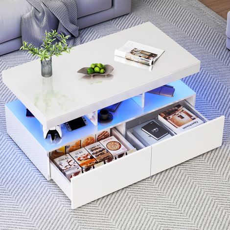 Couchtisch 104x53x46 cm mit LED-Beleuchtung, 2 Schubladen, 5 offenen Fächern, Hochglanzlackierung, geeignet für Wohnzimmer und Büro Weiß