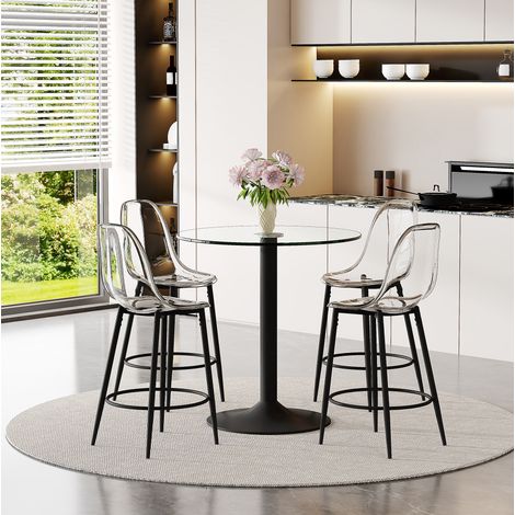 Conjunto de mesa de bar redonda (89x89x92 cm), con 4 taburetes, vidrio transparente, metal negro y plástico transparente (1/5)