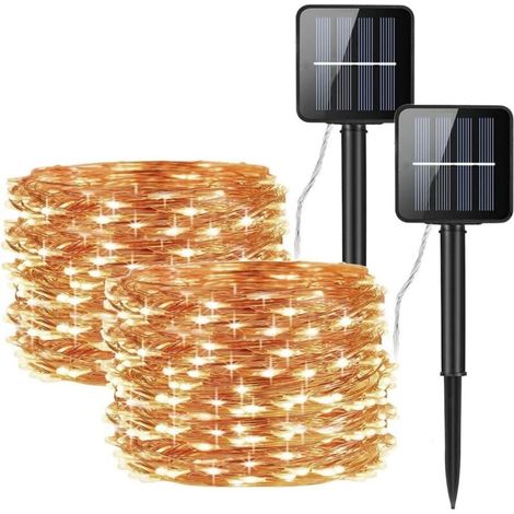 Guirlandes lumineuses solaires extérieures 10 m – Lot de 2 avec 100 LED étanches IP65 pour jardin ou décoration festive