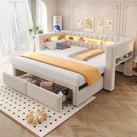 Lit banquette gigogne 90x190 cm extensible 180x190 cm avec tiroirs, LED, USB et Type-C, velours beige (1/5)