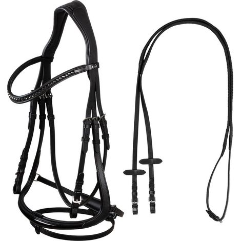 FULL, Nero: Testiera da dressage modello Hemelite con clincher neri e redini in gomma