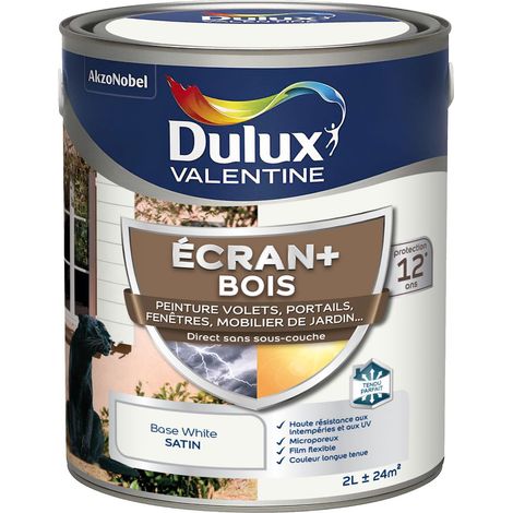 ECRAN+ BOIS - Peinture satinée pour bois extérieur - Volets, portes, fenêtres, portails - Blanc 2 L - Dulux Valentine