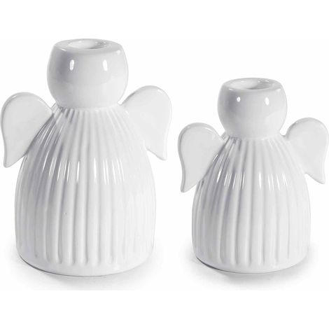 Angeli di Natale portacandela realizzati in porcellana in set da due pezzi, per candele a stelo, set da 2 pezzi, Grande: cm 11x9,5x13,5 H