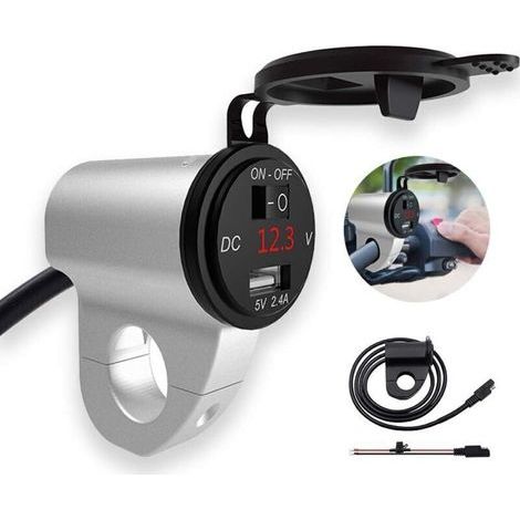 Chargeur Téléphone Moto Étanche avec Voltmètre et Fusible, Prise USB Unique, Interrupteur Intégré, Adapté Guidon 22 mm, Couleur Argent (1/5)