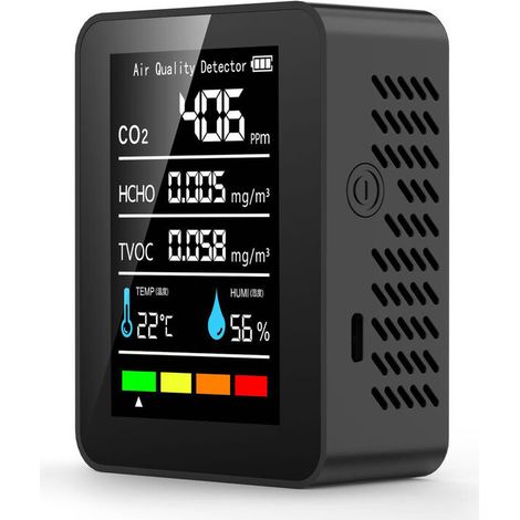 Jeffergarden Détecteur de formaldéhyde capteur TVOC CO2 PM2.5 température humidité testeur de qualité de l'air 5 en 1 noir (1/5)