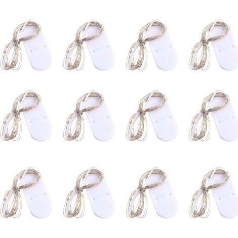 Lot de 12 lampes LED à fil de cuivre et piles - 2 mètres (avec électronique) blanc chaud (1/5)