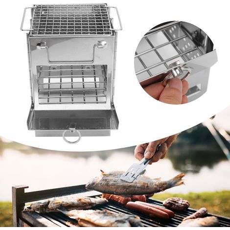 Estufa de leña portátil para camping fabricada en acero inoxidable 304 con parrilla integrada para aventuras al aire libre [14x14x21cm/3 piezas con bolsa de almacenamiento] (1/5)