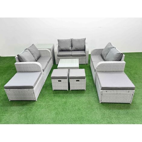 Fimous Outdoor Garden Furniture Set PE Rattan Love Sofa Set with Coffee Table 4 Footstools Side Table Light Grey (1/4)