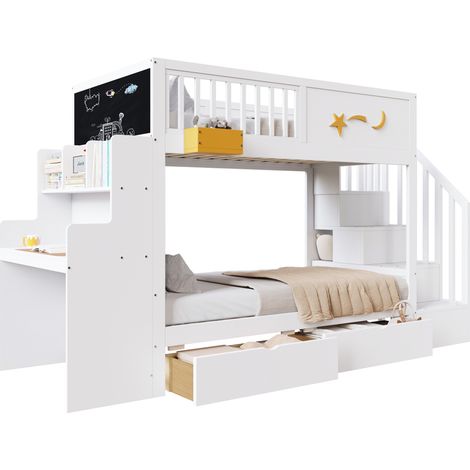 Lit mezzanine enfant 90x200 cm avec bureau, tiroirs, escalier, blanc (1/5)