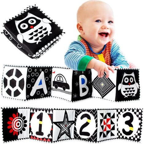 Livre souple noir et blanc à contraste élevé pour bébé, livre d'activités éducatif pliable en tissu avec hibou, jouet pour berceau pour bébés de 0 à 6 mois (garçons et filles) (1/5)