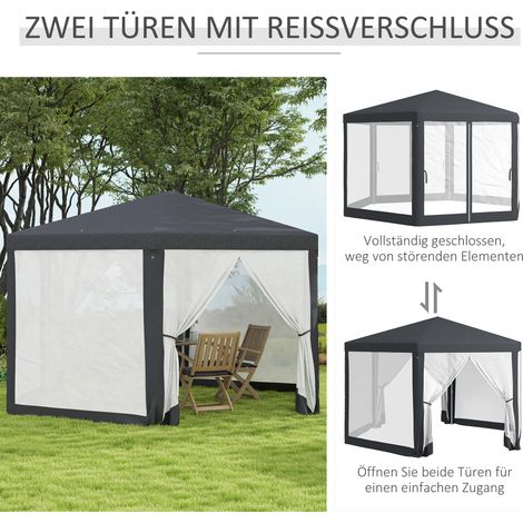 Pavillon de jardin hexagonal, 6 pans, rideaux en filet, structure métallique, 3,94x3,412x2,5m, gris foncé (1/4)