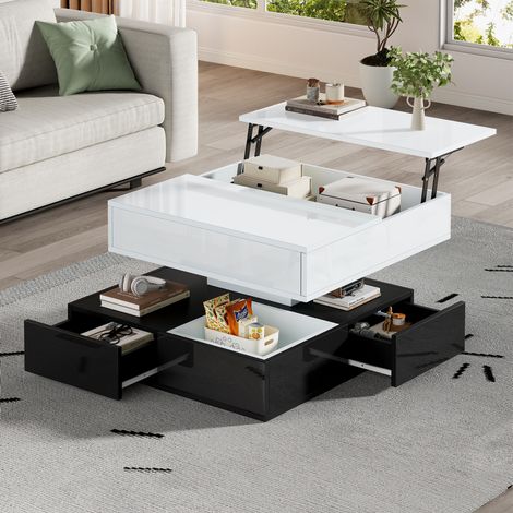 Tavolino basso 70x70x40 cm nero e bianco, piano sollevabile girevole, truciolare MEUBLIV (1/5)