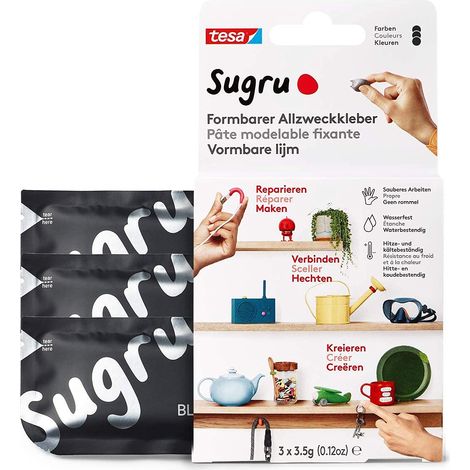tesa Sugru Colla Multiuso Modellabile, Pasta adesiva versatile, per Decorare, Incollare, Riparare e per Creazioni Fai da Te, Confezione da 3 x 3.5 g, Nero (1/5)