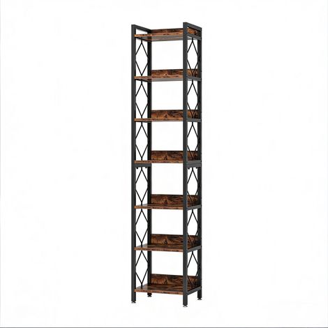 Étagère étroite de présentation 7 niveaux pour petits espaces, bibliothèque d’angle haute avec 7 étagères ouvertes, noir et bois – CHICFURN (1/5)