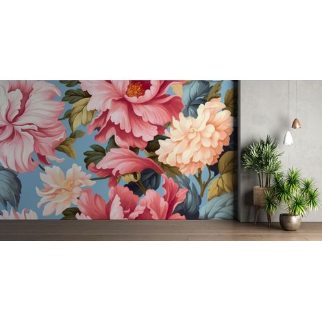 Papier peint fleuri - pivoines multicolores rétro - 150 x 250 cm (1/2)