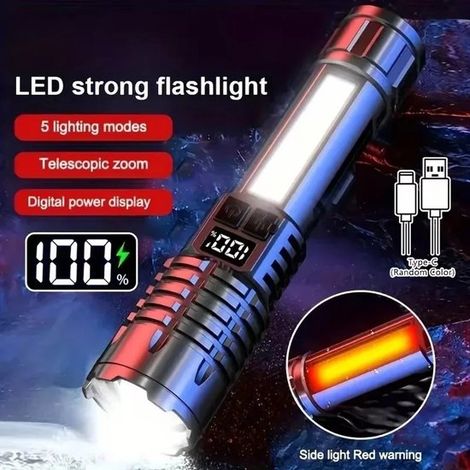Linterna LED COB superbrillante，recargable mediante USB tipo C，con zoom y luz lateral，resistente al agua，ideal para acampar (1/5)