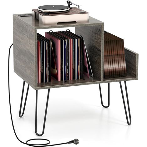 Costway – Meuble tourne-disque vinyle avec station de charge – 2 ports USB – Rangement pour 145 albums – Pieds amovibles – Étagère de rangement (gris)