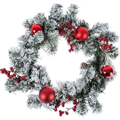 HOMESCAPES Frosted Large Artificial Fir Branch Christmas Wreath with Red Baubles, 19 Inch (1/3)