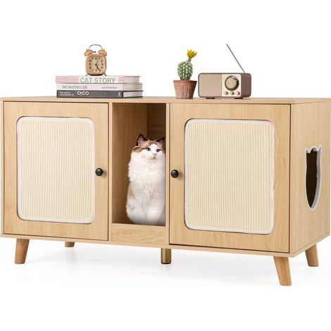 Meuble à litière pour chat naturel avec 2 compartiments, 2 tapis sisal et pieds en bois, pour salon, chambre et entrée (1/5)