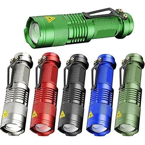 Lot de 6 mini lampes de poche LED 7 W 300 lm SK-68 3 modes Mise au point réglable Zoom Q5 Lampe torche tactique LED pour camping, randonnée, urgence (lot de 6 couleurs) (1/5)