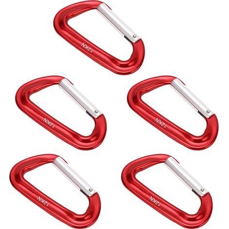 Set mit 5 robusten D-förmigen Aluminium-Karabinern, 12 kN (2697 lbs), für Camping, Wandern und Outdoor-Aktivitäten, rot (1/5)