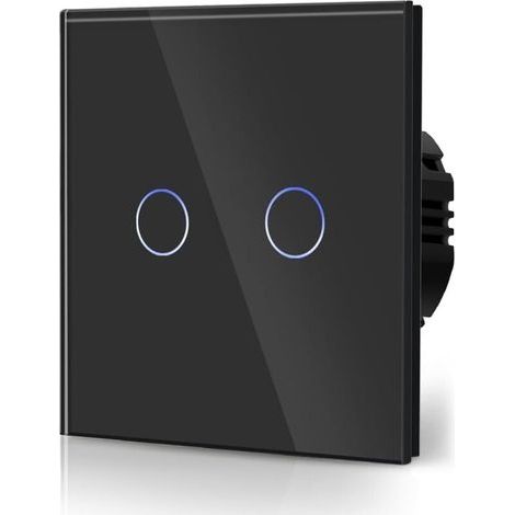 Interrupteur Tactile Normal Commutateur d'éclairage Mural Compatible avec la lumière LED Écran Tactile en Verre 110V-240V Plaque de Cristal Trempé avec Rétroéclairage Bouton 2 Gang 2 Voie Noir (1/4)