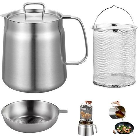 Friteuse Acier Inoxydable 304 avec Mailles Filtre Fines & Filtrant Panier, Marmite Huile Multifonctionnelle 2L Couvercle Anti-Poussière, Récipient Graissee Poignée pour Graisse Cuisson Frire (1/4)